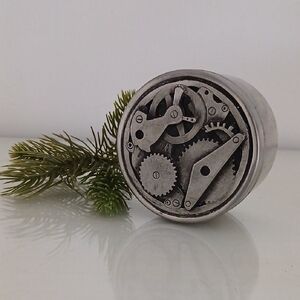 Vintage Metzke GEARS Pewter Tin Round Trinket Box 3" W x 2" D